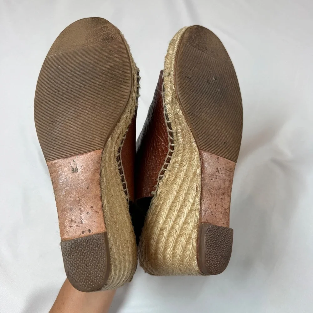 Celine Slingback Brown Leather Espadrille Wedge Sandals Open Toe Ankle Strap 38g